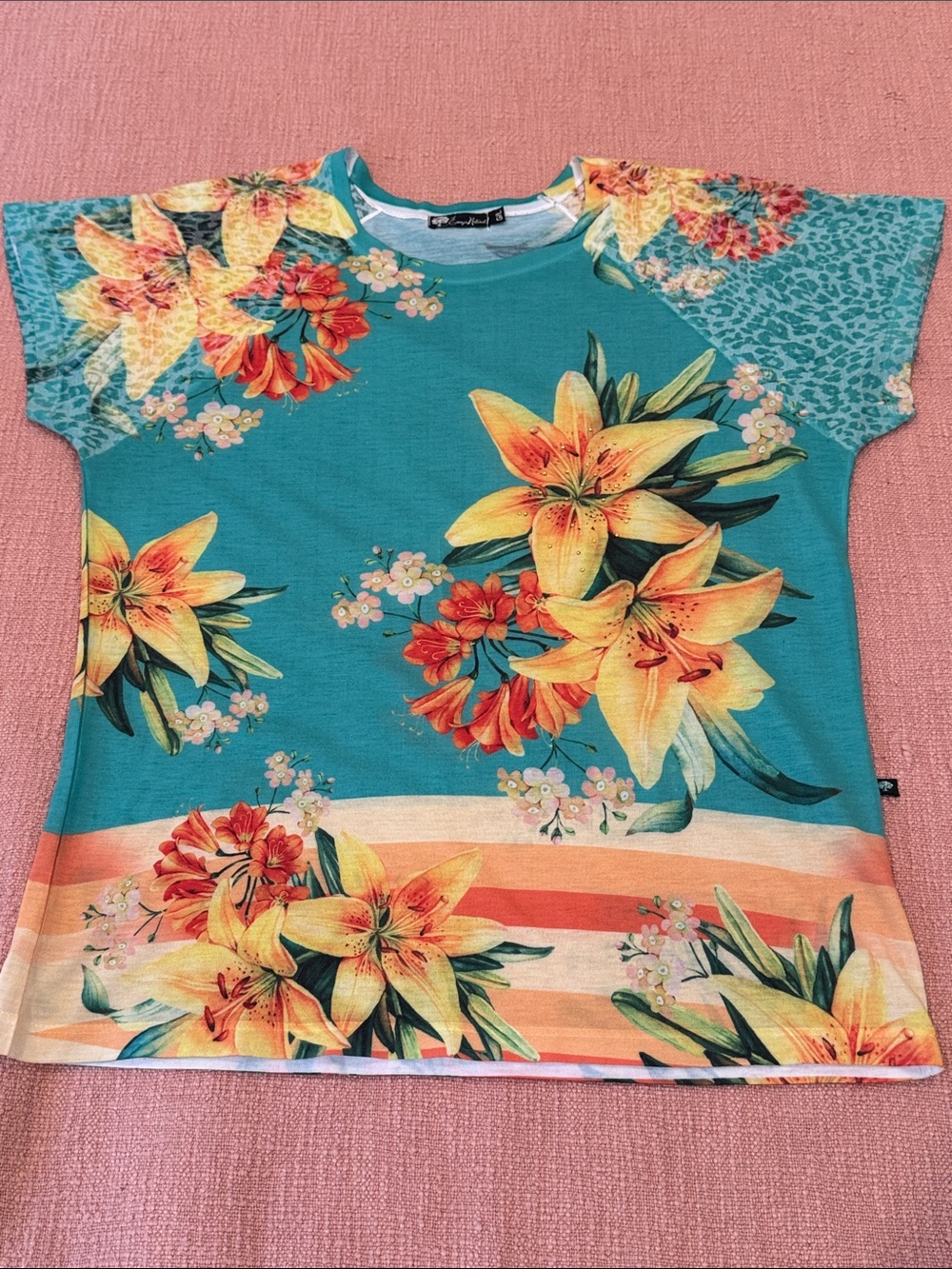 Large tropical Floral Short Sleeve Women's Tee cotton blend made in Brazil